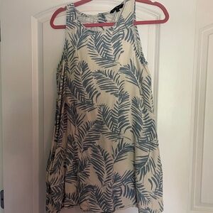 Linen, white and blue palm print dress with pockets